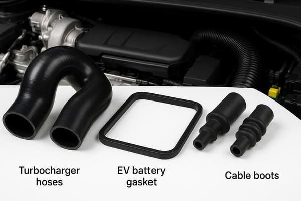 Silicone turbocharger hoses, EV battery gasket, cable boots for automotive engine, high-performance rubber parts on engine background