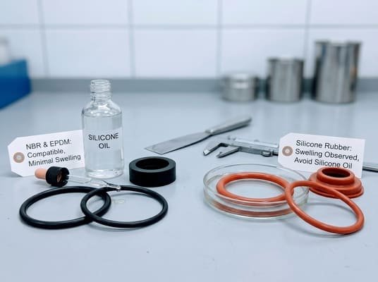 Silicone oil compatibility with rubber seals, showing black rubber rings with minimal swelling and orange silicone parts that swell in silicone oil