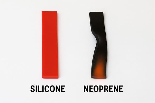 Silicone vs neoprene heat resistance comparison, red silicone strip remains straight, black neoprene strip deforms and discolors under heat, on white background