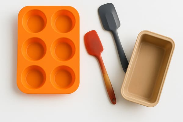 Silicone vs TPE bakeware comparison, orange silicone muffin tray and red spatula beside dark and tan TPE utensils on white background