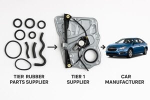 Tier 2 automotive rubber parts supplier, window regulator assembly, Tier 1 supplier to car manufacturer, supply chain structure illustration.