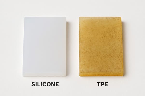 Silicone vs TPE chemical resistance test, white silicone sheet and discolored yellow TPE sample on white background after UV or chemical exposure