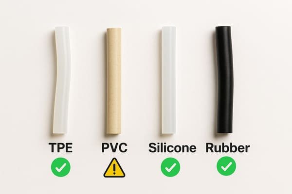 TPE vs PVC material comparison with toxicity check, TPE, PVC, silicone, and rubber tubes shown side by side on white background with safety icons.