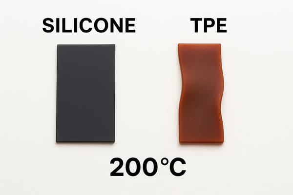 High-temperature resistance comparison at 200°C, black silicone sheet remains flat, brown TPE sheet warps and deforms on white background