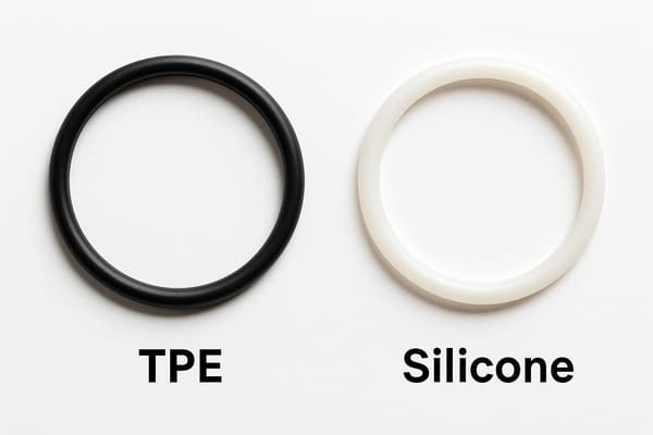 TPE vs Silicone O-rings, black thermoplastic elastomer ring and white silicone ring side by side on white background, material comparison for sealing applications