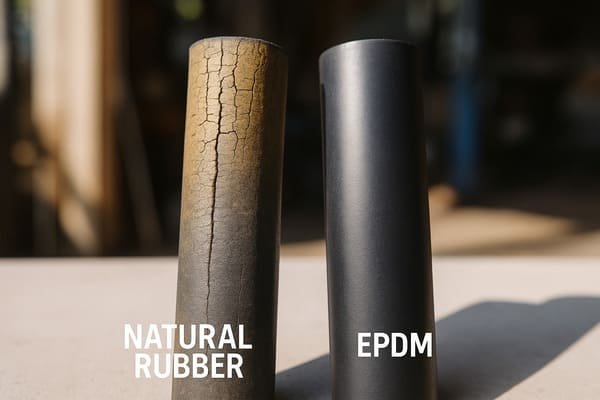UV aging comparison of rubber hoses, natural rubber surface cracked and discolored, EPDM remains smooth and intact under sunlight exposure