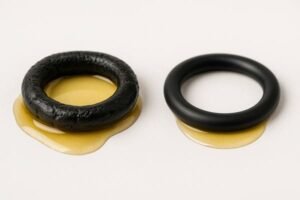 Rubber O-ring compatibility test, vegetable oil exposure, left O-ring swollen and damaged, right O-ring intact, side-by-side comparison.