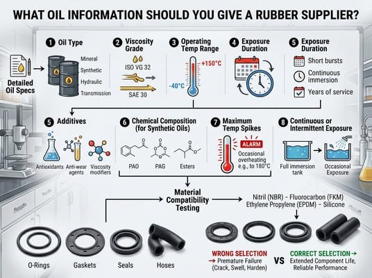 Oil information guide for rubber suppliers, showing oil type, viscosity, temperature range, additives, exposure time, and material compatibility factors