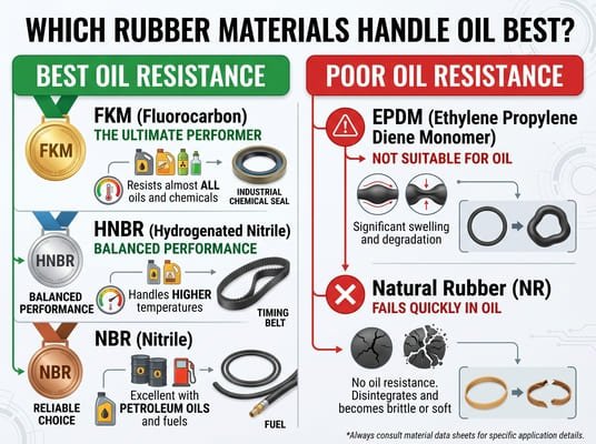 Best rubber materials for oil resistance, comparing FKM, HNBR, and NBR with poor oil resistance materials like EPDM and natural rubber