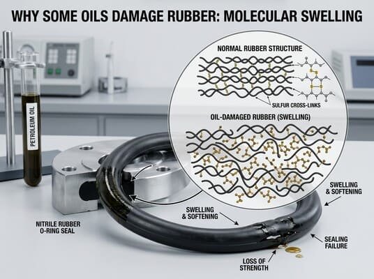 Why oils damage rubber, molecular swelling diagram showing oil penetration, softening, strength loss, and seal failure in rubber O-rings