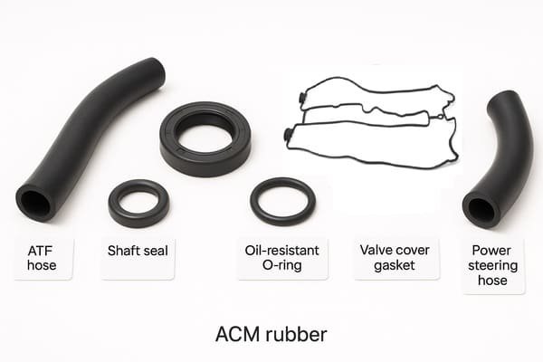 Rubber automotive parts, ATF hose, shaft seal, oil-resistant O-ring, valve cover gasket, and power steering hose display.