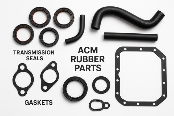 ACM rubber parts set, transmission seals and gaskets, various automotive hoses and sealing rings, industrial application layout.