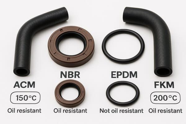 ACM vs NBR, EPDM, FKM, oil-resistant hoses and seals comparison, highlighting temperature and oil resistance differences