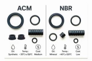 ACM vs NBR rubber properties, oil resistance, temperature range and cost, automotive seals and O-rings side by side.