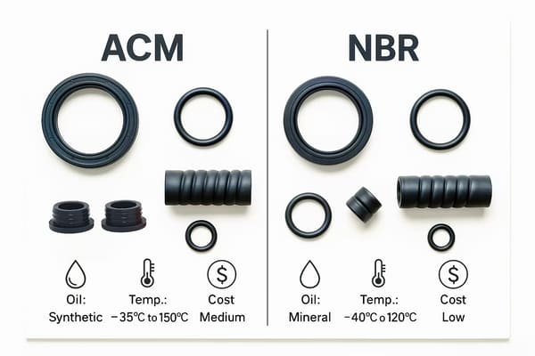 ACM vs NBR rubber difference:ACM vs NBR rubber properties, oil resistance, temperature range and cost, automotive seals and O-rings side by side.