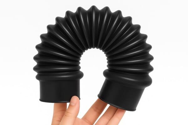 Flexible black silicone rubber bellow with accordion design, held by hand to demonstrate bendability, used for sealing and protecting moving mechanical components.