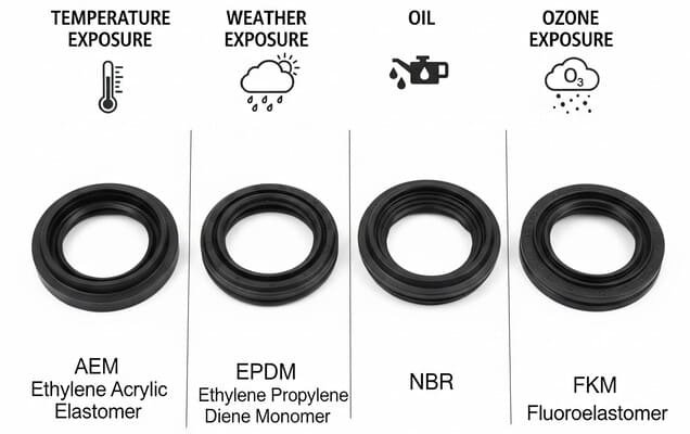AEM compared to EPDM, NBR, FKM from temperature and oil resistance