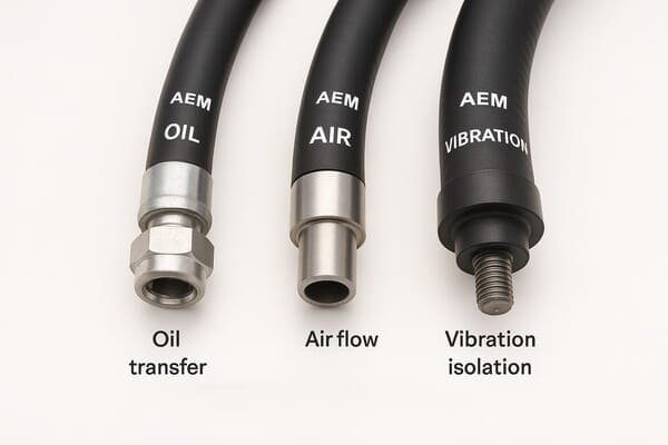 AEM rubber hose applications, oil transfer, air flow, and vibration isolation, close-up of automotive hoses with metal fittings