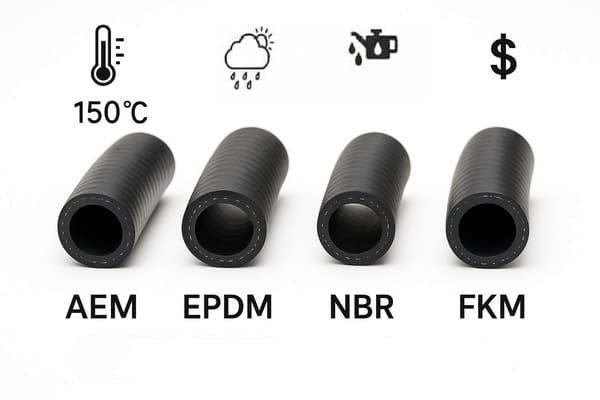 AEM hose vs EPDM, NBR, FKM, rubber hoses compared by temperature, weather, oil resistance, and price, black industrial tubes