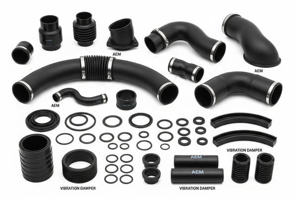 Rubber automotive hoses and seals, various black AEM molded parts and vibration dampers, arranged for industrial application.