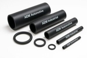 AEM rubber hose , automotive and industrial hoses in various sizes, black synthetic elastomer tubing on white.