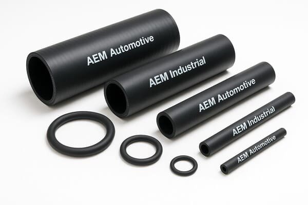 AEM rubber hose , automotive and industrial hoses in various sizes, black synthetic elastomer tubing on white.