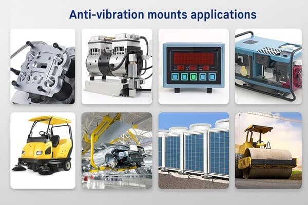 Anti-vibration mounts applications in compressors, generators, HVAC units, control panels, automotive assembly, and construction machinery.