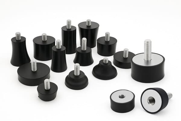Anti-vibration mounts, assorted rubber isolators with threaded studs and inserts, used for machinery vibration damping, shock absorption, and noise control.