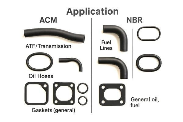 ACM vs NBR application, transmission hoses, oil hoses and gaskets, fuel lines and general oil seals, product layout