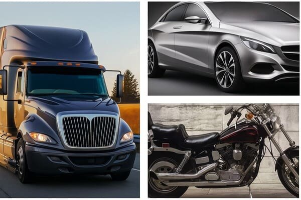 Collage of vehicles including a semi-truck, silver sedan, and black motorcycle, illustrating applications of rubber fuel primer bulb pumps in automotive and transport.