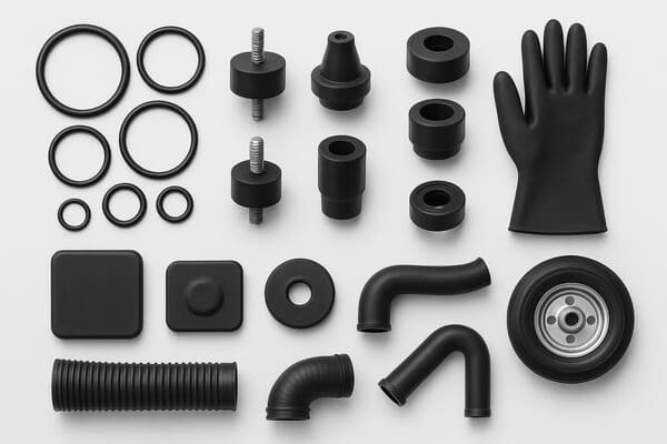 Assorted custom rubber parts including O-rings, rubber mounts, gaskets, hoses, protective glove, and wheel, used in sealing and vibration damping applications.