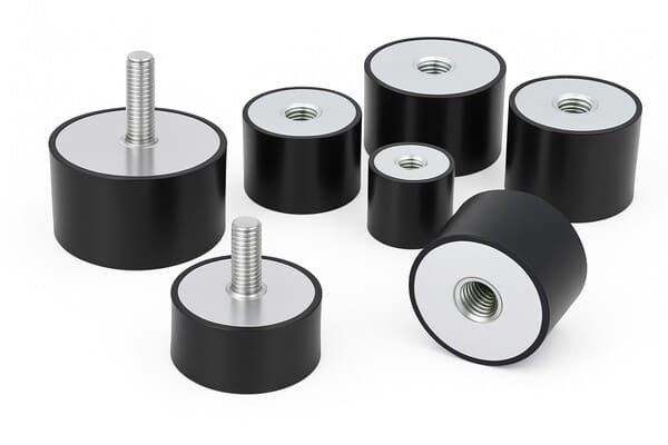 Anti-vibration mounts, cylindrical rubber dampers with threaded metal studs and inserts, used for machinery vibration isolation and noise reduction.