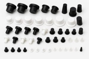 Collection of black and white rubber stoppers, assorted sealing plugs for laboratory glassware, pipes, and industrial components.