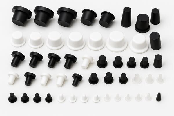 Collection of black and white rubber stoppers, assorted sealing plugs for laboratory glassware, pipes, and industrial components.