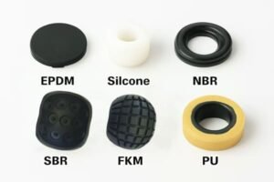 Rubber components in various materials such as EPDM, Silicone, NBR, SBR, FKM, and PU, each labeled, representing different types of rubber used in robotic parts like seals and pads.