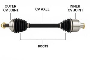 Labeled diagram of a CV axle assembly, showing outer CV joint, inner CV joint, and protective rubber boots that shield the joints from dirt and moisture.