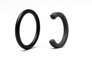 Black D-ring seal with matching cross-section view, showing flat sealing surface and curved outer profile for groove fitting.