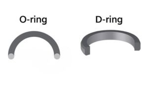 O-ring and D-ring comparison diagram, showing cross-sectional differences with the O-ring having a round profile and the D-ring having a flat base with a curved top for varied sealing applications.