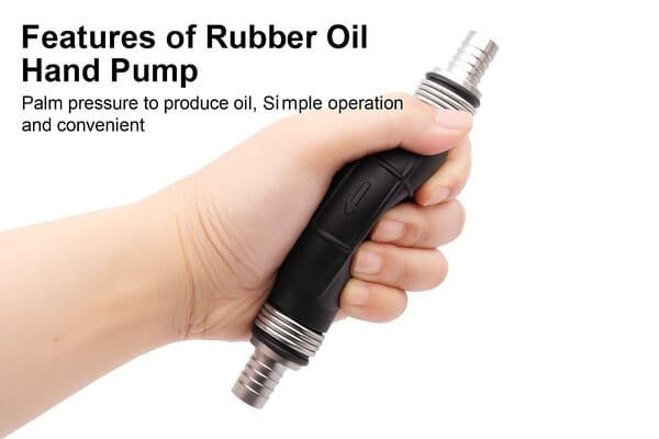 Hand squeezing a black rubber oil hand pump with aluminum hose fittings, showing palm-pressure operation for simple and convenient fuel transfer.