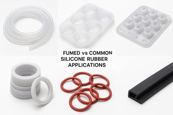 Fumed vs common silicone rubber applications, collage showing transparent [medical tubing](https://www.pbsplastics.com/the-essential-guide-to-plastic-medical-tubing/)[^5], food-grade baking mold, clear electronic keypad, opaque gasket rings, red O-rings, and low-cost seal strip on white background.