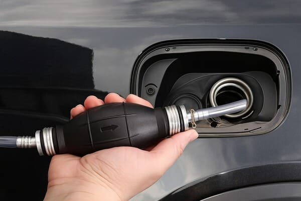 Hand holding a black rubber fuel primer bulb pump connected to a clear hose, refueling a vehicle through the open fuel tank inlet.