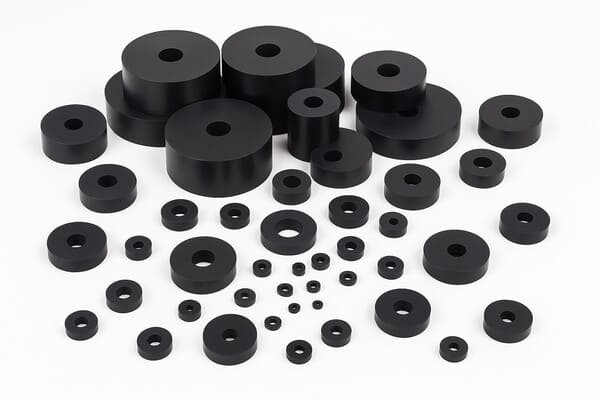 Different sizes of round rubber bumpers with center holes, shock absorbing mounts for vibration damping, industrial machinery and equipment protection.