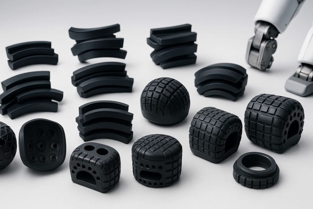Robot rubber parts, assorted non-slip foot pads and wheel covers, durable tread patterns, used for humanoid robot joints and feet protection.