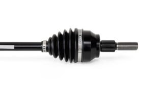 Close-up of a CV joint with black rubber boot and metal clamps, protecting the joint from contaminants and retaining lubrication.