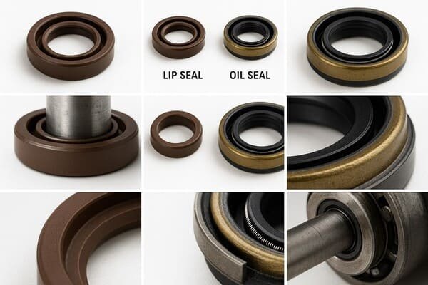 Lip seal vs oil seal comparison, close-up views of rubber shaft seals in brown and metal-cased designs, showing installation on rotating machinery.