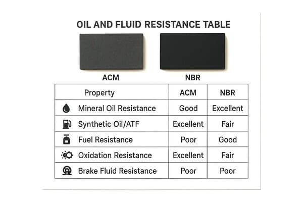 Oil and fluid resistance table, ACM and NBR rubber, comparison of mineral oil, ATF, fuel, oxidation, and brake fluid performance.