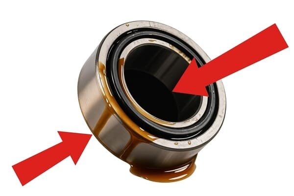 Oil seal leakage in bearing, close-up of lubricated shaft with failed seal, highlighting causes like wear, misalignment, and improper installation.