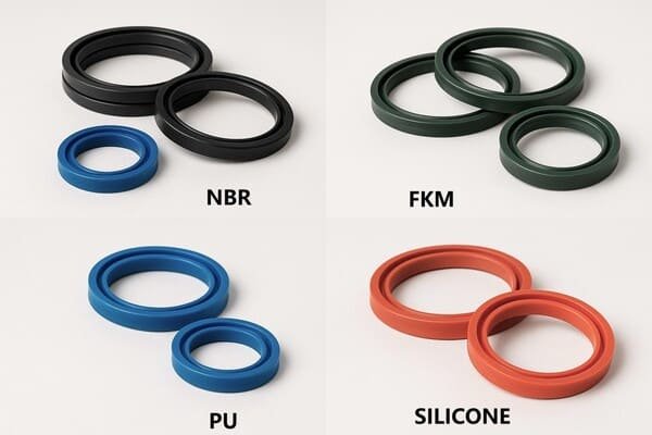 Comparison of piston lip seals made from NBR, FKM, PU, and silicone materials, showing different colors and properties for hydraulic sealing applications.