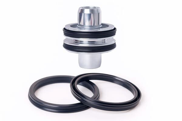 Hydraulic piston assembly with black rubber lip seals, showing two sealing rings for high-pressure applications in cylinders and machinery