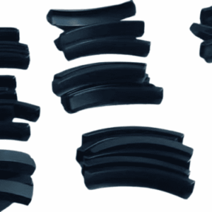Robot joint rubber clamp pads, curved non-slip black elastomer segments, used for secure humanoid robot joint protection and grip enhancement.